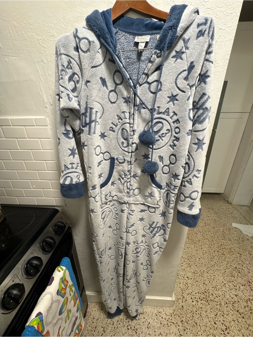 Warner Bros. Kids Plush Hooded Pajama One-Piece in Light Gray and Blue